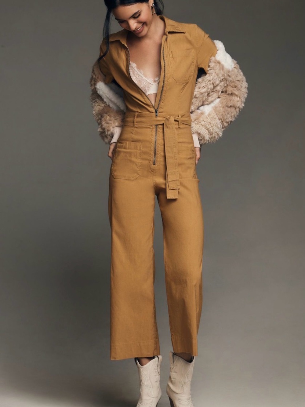 Anthropologie Maeve Cropped Utility Jumpsuit in Mustard Brown